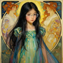 beautiful woman about 2 3 years old, amorous eyes wearing a long gown, long black hair, rimless glasses, very thin octane render, vivid colors, artstation, painting by artgerm, face by wlop, by greg rutkowski, by jeremy mann, by alphonse mucha, by boris vallejo.