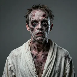 bill murray as scary zombie portrait, horror core, apocalyptic, bathrobe, dry - wounds, left eye hanging out, broken collarbone, dramatic, the feeling of grimdark, sharp focus, fiction, hyper detailed, digital art, trending in artstation, cinematic lighting, studio quality, smooth render, unreal engine 5 rendered, octane rendered, art style and nixeu and wlop and krenz cushart