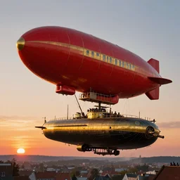 floating airship strongly resembling a graff zeppelin and a uboat, dieselpunk steampunk, imperial bavarian and prussian, red gold black, straight lines, german, napoleonic, floating above bavaria, gorgeous sunset by david levy vyle art, art