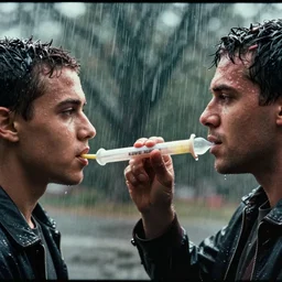 kayne west movie shot from promethius where pete davidson uses the tampon weapon on him. heavy acid rain. film grain color footage. music video style promo for movie. closeup faces : : worksafe : : color kodachrome