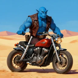 blue skin orc, male bald muscular biker, leather vest, madmax desert background, digital painting, vivid colors, postminimalism, highly detailed, smooth, sharp focus, illustration by ruan jia and mandy jurgens and william - adolphe bouguereau, artgerm
