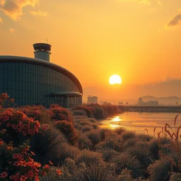 a beautiful photorealistic rendering of building airport by john howe, flowers morning sun reclaimed by nature cgsociety sunset infrared nightvision lake thermal imaging myst made of glass, archdaily, wallpaper, highly detailed, trending on artstation.