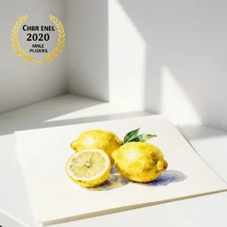 watercolor painting of lemons on white paper, bright, white table, white walls