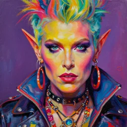 an apocalyptic scifi orcish ellen degeneres biker character, psychedelic vibrant colors, futuristic punk rock fashion, oil painting by michael whelan art, perfect face, sharp focus, detailed eyes, realistic, 8 k