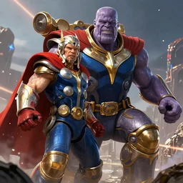 The fusion of Thor and Thanos, very detailed, 40k, dynamic lighting, ultra realistic concept art. Atmospheric. Cinematic. Hyper Detailed. Octane