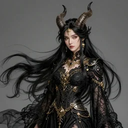 fullbody!! of a beautiful woman with long black hair, big natural horns on her head, long flowing intricate black lace dress, gold jewellery, dnd, face, fantasy, intricate, elegant, highly detailed, digital painting, artstation, concept art, smooth, sharp focus, illustration, art by artgerm and greg rutkowski and alphonse mucha