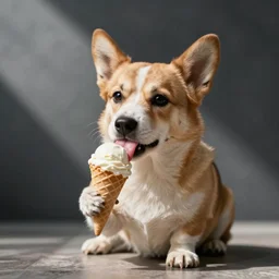 a cute dog licking icecream