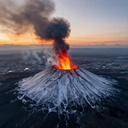 an aerial view of an erupting volcano, sunset, no clouds, snowy mountain, lava everywhere, near big city, black smoke, thunders
