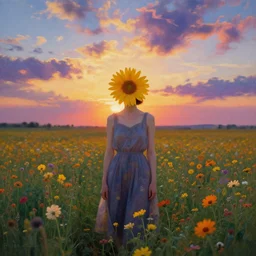 woman with a flower head standing in flower field, surreal photography, manipulation, sunrise, impressionist painting, colorful clouds, artstation, dali, simon stalenhag