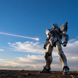 armored core v by liam wong, laser beam, exprotion ; outdoor, pure blue sky, cloud, wilderness ground, golden time, twilight ; digital painting, dynamic contrast, bokeh, motion blur, photoreal, cinematic,