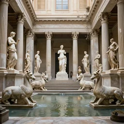 photo piranessi symmetry flooded connected neoclassic halls and beautiful human statues myriad of huge marble staircases minotaur gods pelicans helenistic classic statues sculptures decrepit derelict abandoned - t