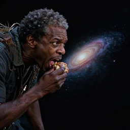 a cinematic still of ((neil degrasse tyson)) ferociously eating a galaxy, galactus!!!!, masterpiece, (monster), (empty black void)