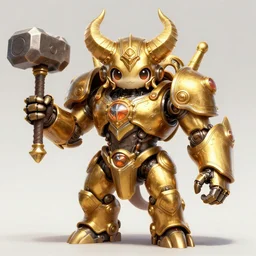 a highly detailed illustration of gentle mighty colossal golden fighting horned mechanical steampunk titan with a hammer hand and a sword hand, with cute doting eyes, intricate, elegant, highly detailed, centered, digital painting, artstation, concept art, smooth, sharp focus, league of legends concept art, wlop.