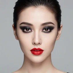 an 8 0 s portrait of a woman with dark eye - shadow and red lips with dark slicked back hair dreaming acid - fueled hallucinations by serge lutens, delphin enjolras, peter elson, flat surreal psychedelic colors, background of classic red cloth