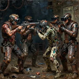 junky men's in gunfighting, cybertronic gadgets and vr helmet, flesh with technology, durty colours, night, rotten textures, rusty shapes, biotechnology, dariusz zawadzki, tim hildebrandt, wayne barlow, bruce pennington, larry elmore, oil on canvas, deep depth field, masterpiece, cinematic composition, hyper - detailed, hd, hdr