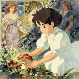 a wholesome animation key, a girl picking mushrooms, studio ghibli, pixar and disney animation, sharp, disney concept art watercolor illustration by mandy jurgens and alphonse mucha and alena aenami, pastel color palette, dramatic lighting