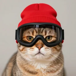 a cat wearing a red beanie covering its face with black ski goggles, photorealistic