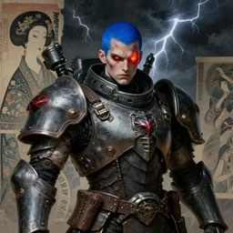 portrait of gothic and futuristic young man, warhammer, cyberpunk armor, a lot of scars, thunderstorm, blue head, fire eyes, some red, the middle ages, highly detailed, artstation, in the style of moebius, jugendstil and classic japanese print, art by rene magritte and jean delville
