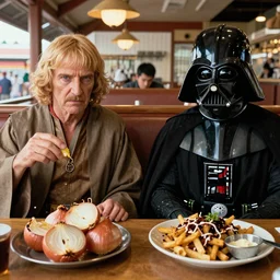 Emperor Palpatine and Darth Vader sitting in a booth at Outback enjoying some Bloomin Onion