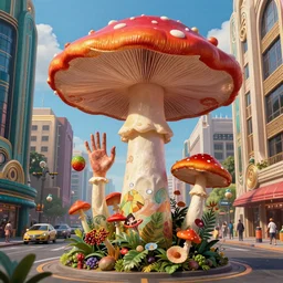vibrant portrait of psychedelic mushrooms dream, no fears, okay one fear, on the art deco streets of the big city, artstation, award - winning realistic sci - fi concept art by dave mckean, a realism masterpiece, complimentary color palette, james gilleard, bruegel, alphonse mucha, and yoshitaka amano