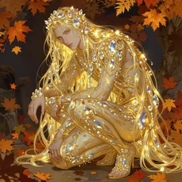 illustration of an androgynous man with long hair, iridescent and golden, refractive crystal jewelry, autumn, fall colors, leaves, hyper detailed, character concept, crouching, glowing lights, intricate, elegant, highly detailed, digital painting, artstation, concept art, smooth, sharp focus, illustration, art by glen keane and greg rutkowski and alphonse mucha