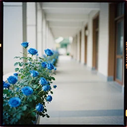 kodak portra 8 0 0, flickr photograph view of a calm hallway street street with blue roses!! blue flowers! in downtown neo - venezia in a dreamy afternoon, a corner shop can be seen selling flowers! flower shop!!!