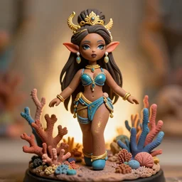 brown - skinned gorgeous coral reef fae themed drag queen. polymer clay, backlighting, depth of field, 4 k, ink and gold, safe for work