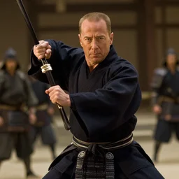 an film still of bruce willis as samurai, cinematic, dramatic action