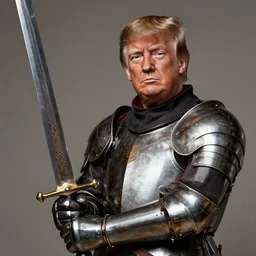 donald trump wearing knights armor, donald trump holding a crazy broadsword, donald trump ’ s highly detailed face, donald trump ’ s handsome face, by hans holbein