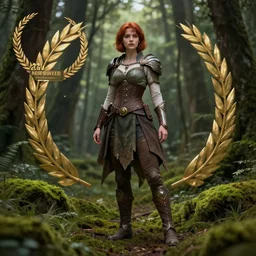 full body shot, fantasy outfit hero pose of a beautiful short red - brown haired girl with very light skin with mossy forest in the background, highly detailed, 8 k, hdr, digital art, octane render, neo classical appeal award - winning, trending on artstation, ann stokes