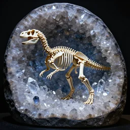 photorealistic dinosaur skeleton inside a geode of crystals, volumetric lighting