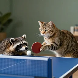 a cat playing table tennis against a racoon