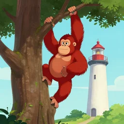 hardmesh cartoon - red orangutan as climber, climbing on the lighthouse as tree by greg rutkowski, nature by asher brown durand