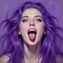 purple - haired woman, mouth opened, soft psychedlic body painting, no makeup, detailed lips, ahegao face, tongue out, wide eyes looking up, detailed frontal declotage and thick flowing hair, by gil elvgren, julie bell, and randolph stanley hewton, fantasy, photorealism, splatter, bleed, epic lighting, hyperrealism, 8 k