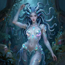 half body portrait of a beautiful cyber witch medusa, in a cyberpunk garden, mystic unity, elegant pose, body covers with neon crystals, realistic digital painting, artgerm, sakimichan, huang guangjian