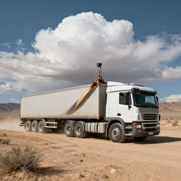 a euro truck simulator getting winched by a 4 x 4, in the nevada desert, hyper realistic professional photograph, 4 0 mm, fisheye, epic lighting, giant clouds in the background