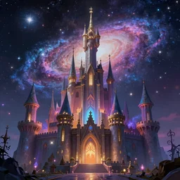 high fantasy castle, galaxy, stars, colourful, magical, mythical, digital art, trending on art station, by petros afshar