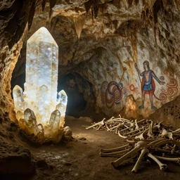 a cave with huge glowing crystals in the walls and piles of bones on the floor, cave art by donato giancola and greg rutkowski