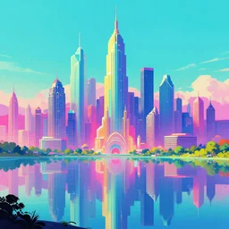cyberpunk city surrounded by a glistening lake by stephan martiniere, artstation utopian art deco, saturated, hyper colorful, canon eos r 3, f / 1. 4, iso 2 0 0, 1 / 1 6 0 s, 8 k, raw, unedited, symmetrical balance, in - frame