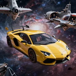 close - up lamborghini starship floating in nebula ship yard, ludek pesek, rick guidice, chesley bonestell, lucien rudaux, rolf klep, fred freeman, george pal