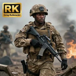 Portrait of a black modern British army soldier in full gear carefully moving through enemy territory, cinematic lighting, 4k, award-winning, by Greg Rutkowski