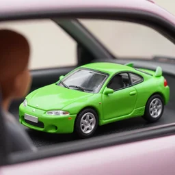 a woman driving a Jada toys mitsubishi eclipse green diecast car, high resolution macro photo, viewed through the cars window