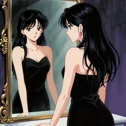 beautiful girl in a black dress looking in @ the mirror ; 9 0 manga style ; takehiko inoue style ; dark colors ; mystic