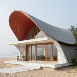 curved roof planes lift and descend creating shade and architectural expression, highly detailed, beach house, marble, vivid color, high resolution photography, mist