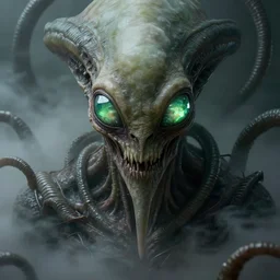 grotesque alien beast with long forehead. green semitransparant cloudy faceted eyes. high quality photorealistic 4 k, hyperrealism, volumetric fog, serious, dark, scary, fear, intricate concept art of h. r. giger, symmetric, horror, kaiju looking down worms - eye - view