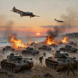 normandy!!!!!, 1 9 4 5, airplanes bombing the beach, sunset, sadness, ( ( painting ) ) by jessica rossier and ivan shishkin, ultra realistic!!!, d - day, smoke, highly detailed, the landings, soldiers charging in, chaos!!!, fire, cinematic, wide shot, destroyed tanks, ray tracing