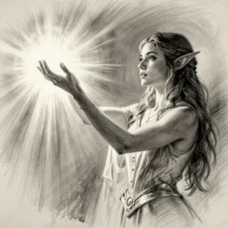 elf mage woman reaching out towards the light, sketch, concept art