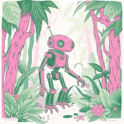 risograph print original a 5 riso illustration artprint overgrown robot in the rainforest green pink