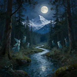 a moonlit magical fantasy forest of celtic legend, river winding through, faeires floating, snow capped mountains in the distance, surrounded by pine trees, artstation, unreal render, 8 k, oil painting, painted ruan jia raymond swanland lawrence alma tadema zdzislaw beksinski norman rockwell tom lovell alex malveda greg staples