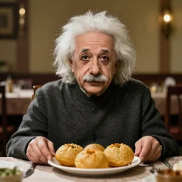 a portrait of albert einstein sitting at the dining table with a plate containing chole bhature in front of him, highly detailed, trending on artstation, bokeh, 9 0 mm, f / 1. 4